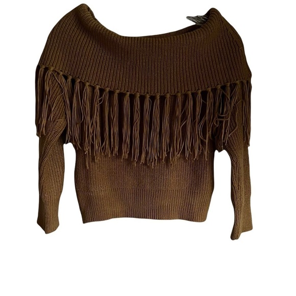 Angashion Off Shoulder Fringe Gold Sweater - Picture 2 of 7